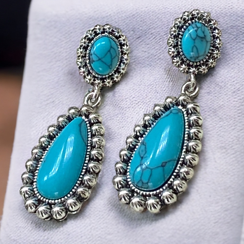 BOHO Silver & Turquoise Bead Dangle Post Fashion Earrings